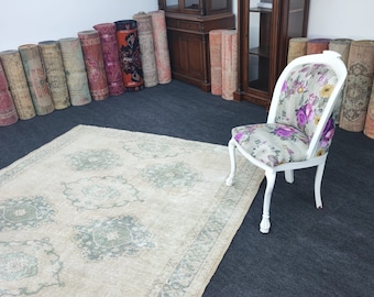 Tapis bleu délavé en laine 7 x 12 : tapis oriental turc vintage