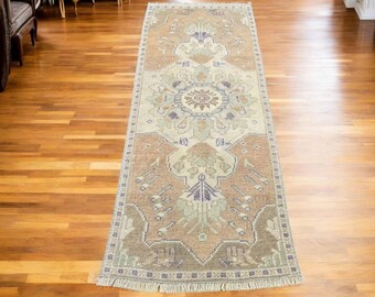 Pastel Oushak Runner Rug: Handwoven Turkish Wool Hallway Carpet (2x4)