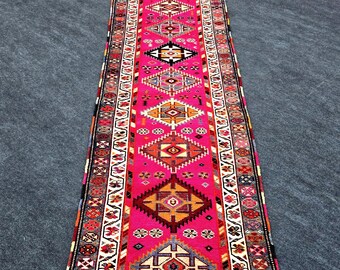Extra Long Vintage Turkish Runner Rug 2'9" x 13'6" Pink Tribal Wool Hallway Carpet Narrow Boho Corridor Runner