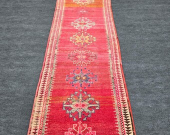 Vintage Türkischer Teppichläufer 100x300, Langer Teppich im Flur, Handgefertigter Teppich aus Anatolischer Wolle