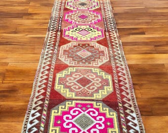 Vintage Herki Wool Runner Rug: Bohemian Hallway Rug, Geometric Design