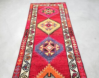 Vintage Oushak Runner Rug, Hand-Knotted Wool Hallway Carpet, Boho Tribal Entryway Decor 3x13 ft