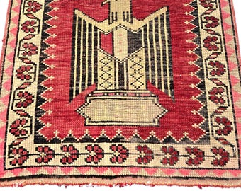 Vintage Turkish Runner Rug, Red Wool Eagle Motif Hallway Carpet