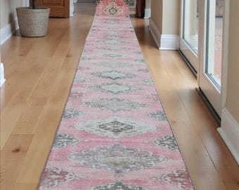 Handknotted Wool Runner Rug: 2x46 ft Vintage Turkish Oushak Hallway Rug
