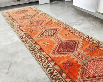Vintage Herki Wool Runner Rug: 2x11 ft Orange Geometric Hallway Carpet