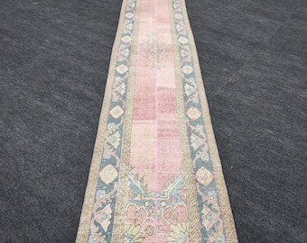 Pastel Red Wool Runner Rug: 2x11 Vintage Turkish Hallway Rug