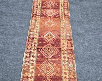 Vintage Turkish Oushak Runner Rug: 2'11" x 10'4" Handwoven Wool Hallway Rug