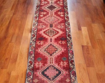 Vintage Turkish Runner Rug: 2'4" x 11'2" Red Faded Wool Hallway Rug