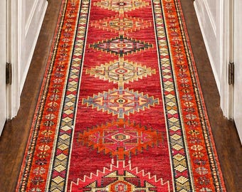 2x15 Vintage Turkish Runner Rug Red Wool Extra Long Tribal Hallway Carpet
