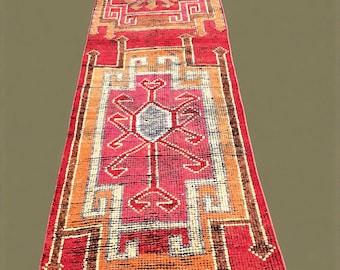 Alfombra de pasillo kurda antigua de 85 x 29 cm: alfombra tribal vintage de lana para pasillo, tejida a mano, de Anatolia, color rojo.