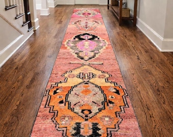 Authentique tapis de passage tribal en laine nouée à la main : tapis de couloir rose pâle orange, moquette pour couloir à poils ras (12 pi)