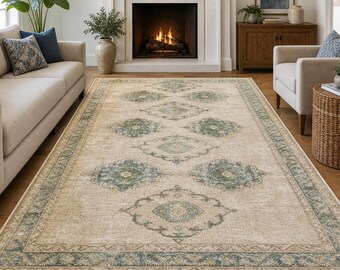 Großer gebrauchter Medaillon Wollteppich - Blauer Creme Türkischer Orientteppich 200x300 cm