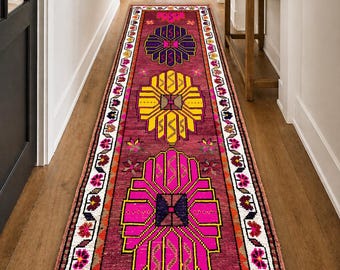 Vintage Turkish Runner Rug 2'11" x 8'8" Pink Neon Tribal Wool Hallway Carpet Boho