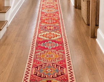 2x29 Vintage turkisk löparmatta 2'2"x29' extra lång halllöpare, 2x30 röd ullmatta i tribalstil, handknuten trapplöpare
