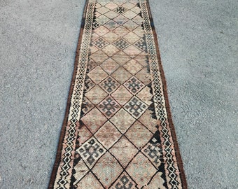 Vintage Turkish Muted Colors 10 Ft Long Runner Rug: Handknotted Wool Hallway Rug