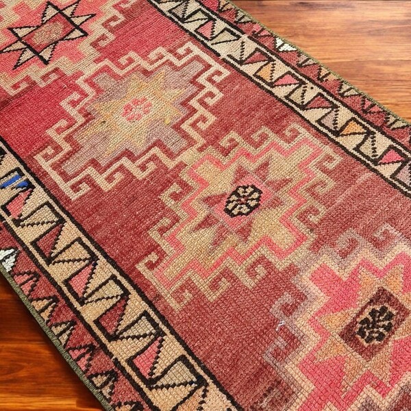 Pasillo turco antiguo: alfombra de lana tejida a mano, decoración rústica para el hogar