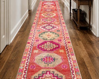 3,4 m vintage Herki ullmatta: 7,2 x 2,9 m, rosa tribal geometrisk hallmatta