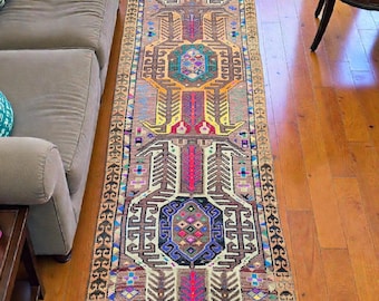 Vintage Oriental Tribal Runner Rug – 3x11 Handwoven Long Carpet Wool Geometric Hallway Decor