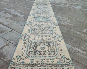 Handknotted Turkish Wool Runner Rug: 3x21 Cream White Hallway Rug