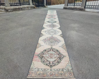 Vintage Turkish Wool Runner Rug: 3'x23' Cream White Hallway Rug