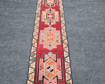 Vintage Turkish Runner Rug: Red Pink Tribal Hallway Carpet (2'1" x 12'2")