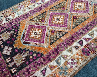 Vintage Turkish Runner Rug: Handwoven Wool, Boho Tribal Geometric Hallway Carpet (2'9" x 14')