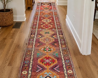 3x11 löparmatta, vintage turkisk löpare, 11 fot lång hallmatta, handgjord ulllöpare, tribal trapplöpare, boho entrématta