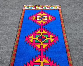 Vintage 1968 Turkish Wool Runner, Blue Geometric Anatolian Hallway Carpet