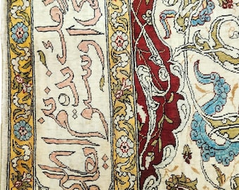 Hereke Silk Rug 4x2 ft Islamic Wall Art Carpet Handmade Turkish Prayer Rug Signed