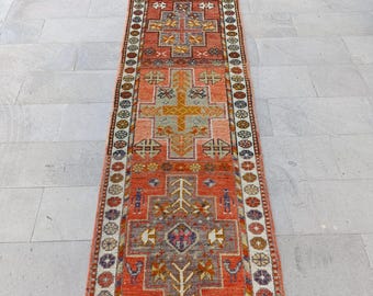 Vintage Handwoven Turkish Runner Rug: Red Geometric Tribal Hallway Carpet