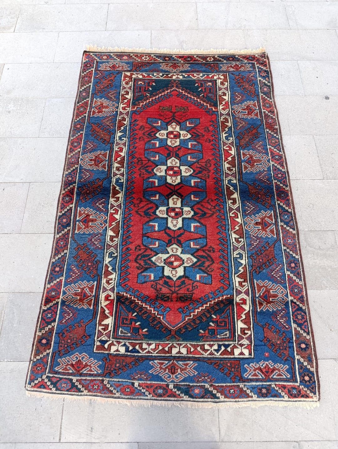 Vintage Handwoven Turkish Wool Rug: 6x4 Bohemian Red Blue Geometric ...