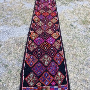 Handmade Wool Turkish Runner Rug: Geometric Hallway Stair Rug (3x14)