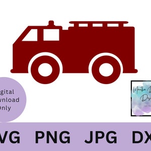 May include: Red fire truck silhouette digital download. SVG, PNG, JPG and DXF file formats included. Mantha Digital Designs.