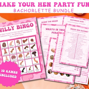 Puede incluir: Un paquete de juegos para despedida de soltera con bordes de estampado de leopardo rosa y hojas de papel blancas. El set incluye juegos de Willy Bingo, Scavenger Hunt, What's In Your Purse y Would She Rather, con un gráfico rosa de 10 juegos.