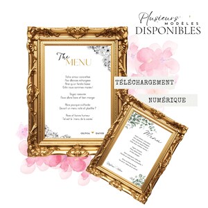 Peut inclure: Deux cadres dorés ornés avec du texte de menu de mariage. Les cadres sont inclinés, avec des accents floraux et aquarelles. Le texte comprend "The Menu" et "Olivia & David". Les mots "Téléchargement Numérique" sont également visibles.