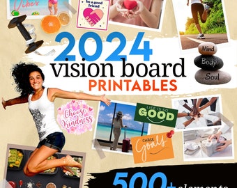 May include: A collage of images for a 2024 vision board printable with the text "2024 vision board PRINTABLES 500+elements BY KALISHIA WINSTON". The images include a woman jumping, a heart, a dumbbell, a running person, a beach scene, a hand holding a heart, a group of hands stacked on top of each other, a suitcase, a plate of food, and a stack of rocks with the words "Mind", "Body", and "Soul" written on them.