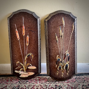 Vintage Pair of Brass Copper Cattails Metal Wall Art Coastal Midcentury Brutalist Homco