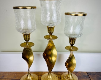 Vintage Brass Candleholders with Crackle Glass Shades