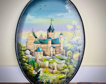 Vintage Handpainted Burg Stahleck German Castle Oval Wood Panel Rhein Deutschland