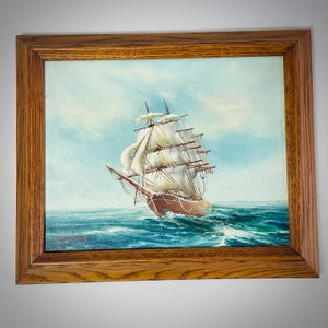 Vintage Ship Signed Framed Oil Painting 8x10