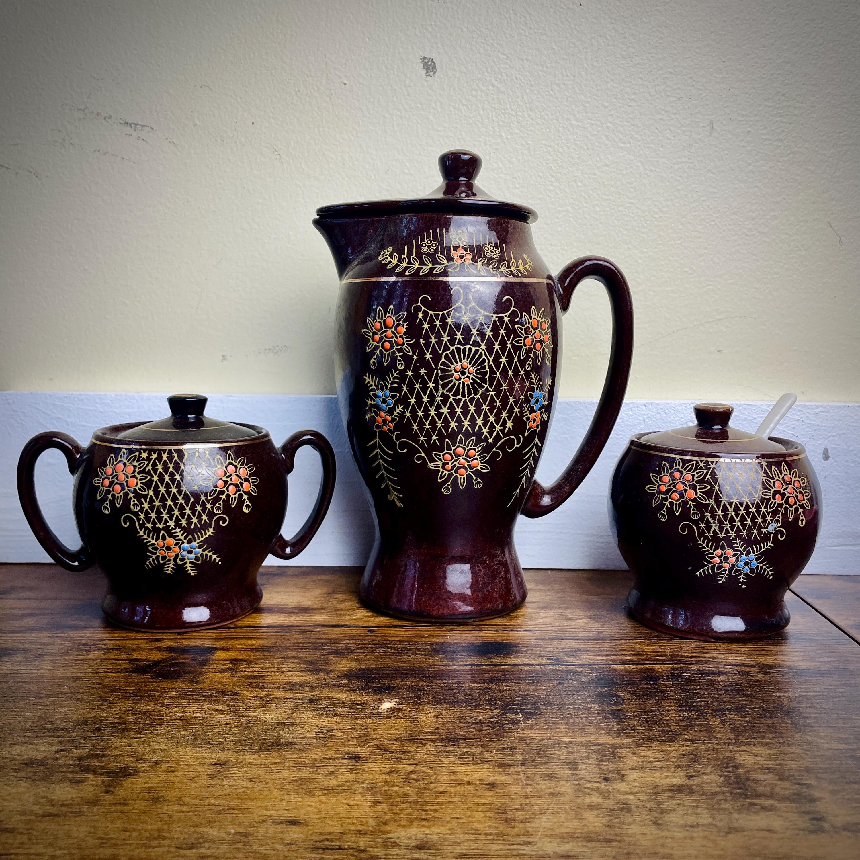 Vintage Japanese Redware With Moriage Enamel Brown Coffee or Tea