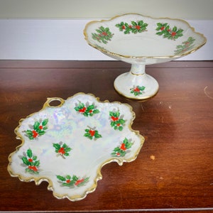 Vintage Holly Dish Pedestal Set Holiday Christmas