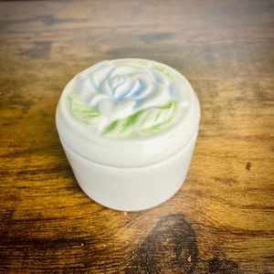 Vintage Handmade Blue Rose Porcelain Powder or Trinket Box