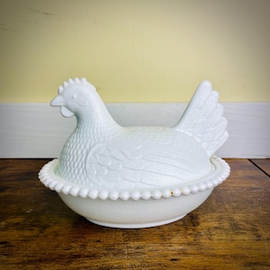 Vintage White Milk Glass Indiana Glass Hen on a Nest Covered Candy Dish