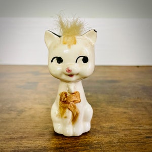 Vintage Porcelain Cat Figurine with Faux Fur