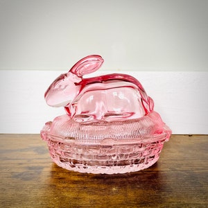 Vintage Pink Glass Bunny Covered Dish Trinket Dish