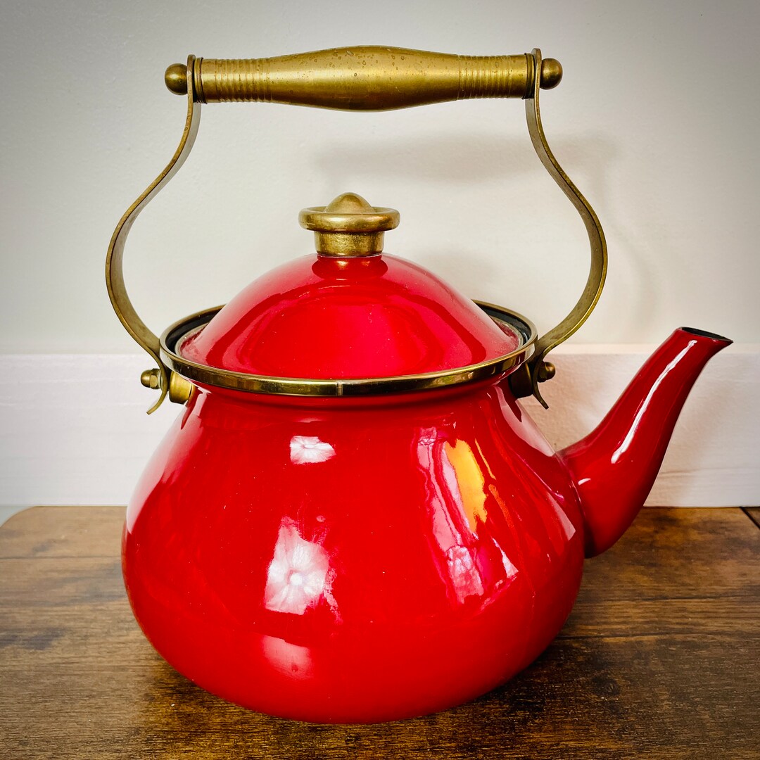 Vintage Red Enamel and Brass Tea Kettle Etsy