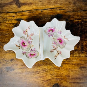 Vintage German Porcelain Two Sided Handled Floral Trinket Dish Tray Bavarian