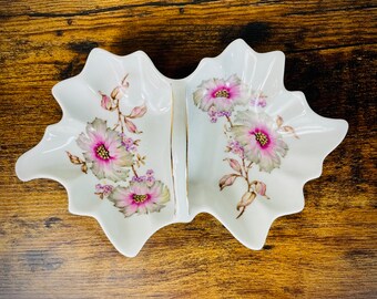 Vintage German Porcelain Two Sided Handled Floral Trinket Dish Tray Bavarian