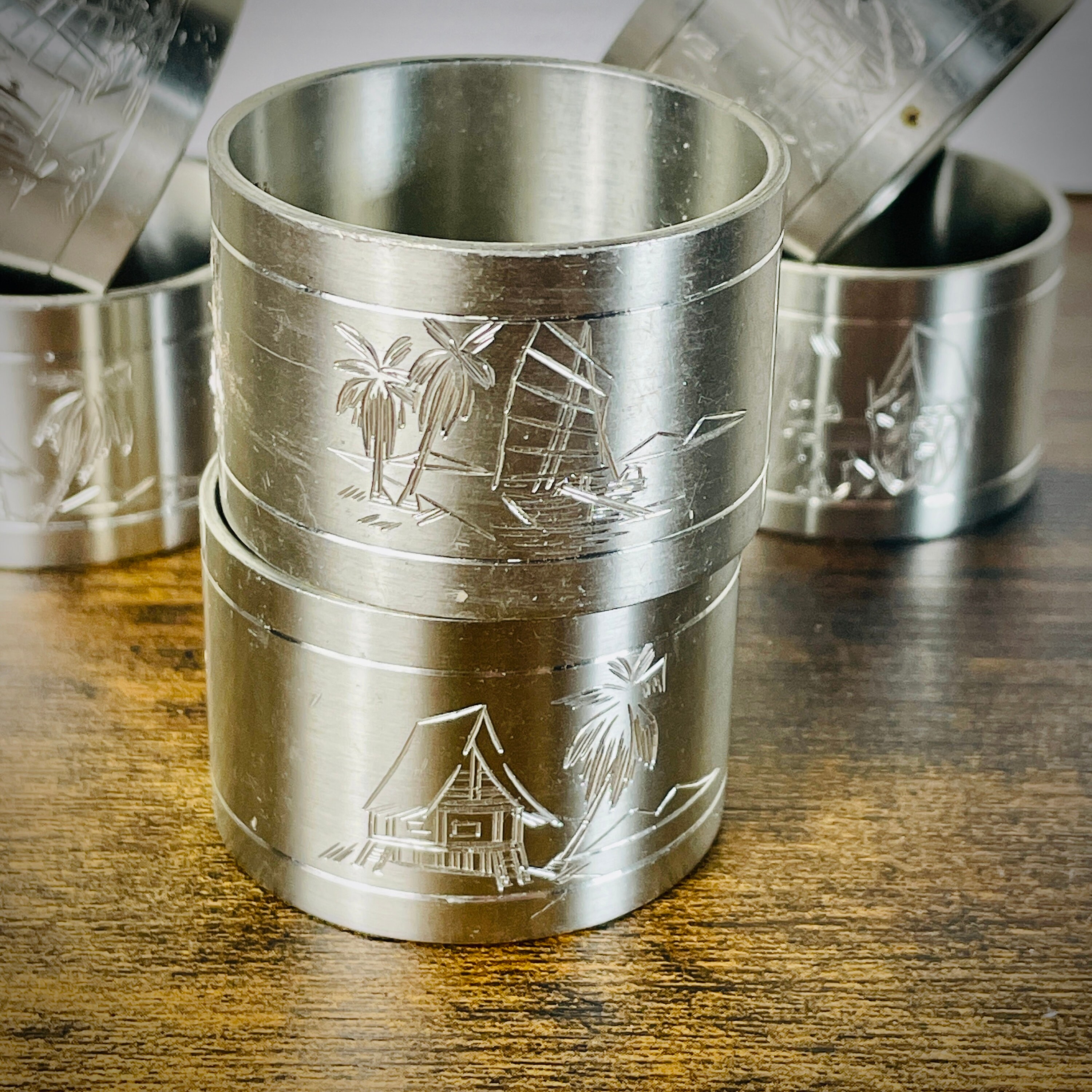 Set of 6 Pewter Napkin Rings Selangor Malasia Coastal Sailboat Palm